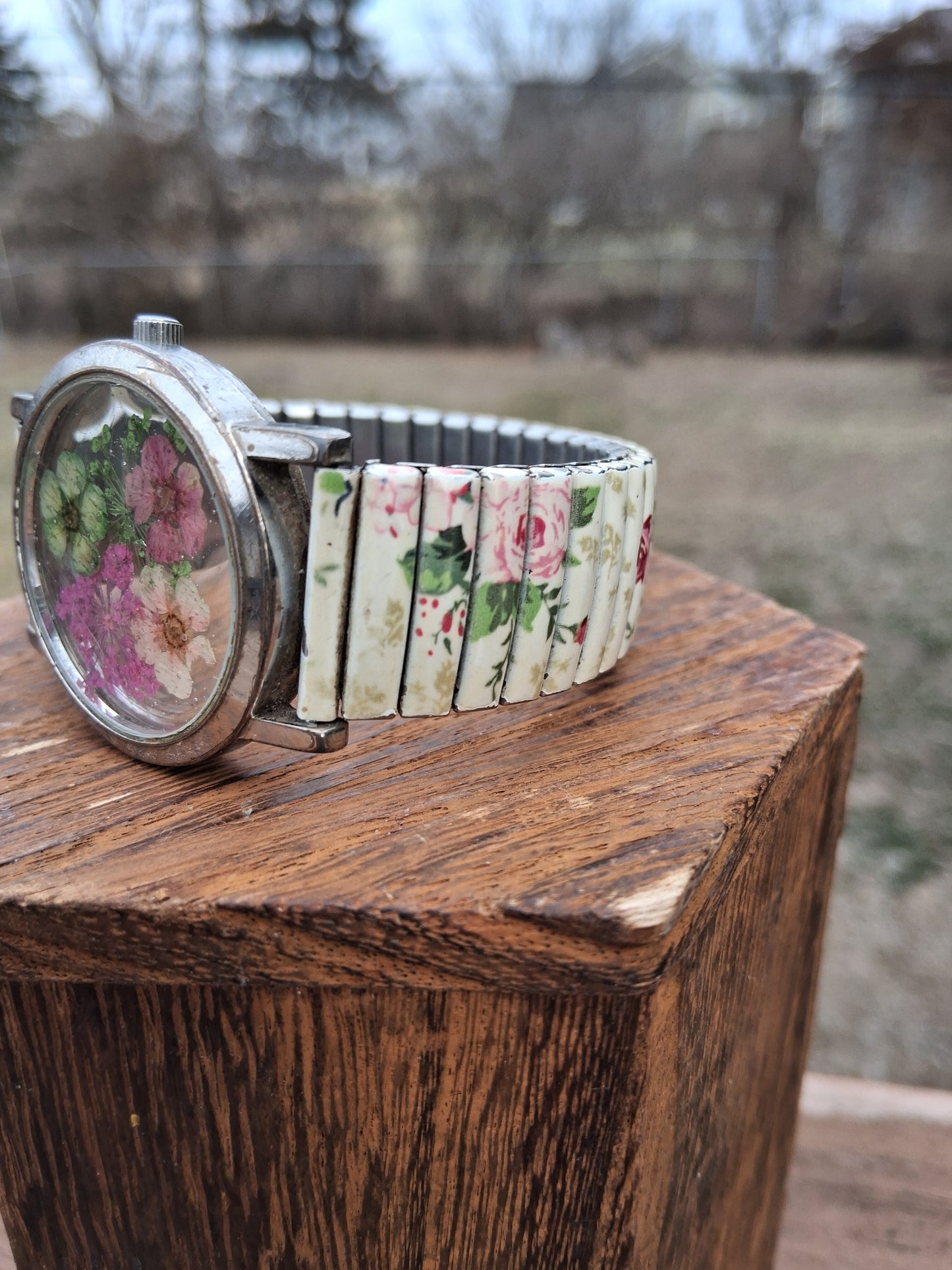 Upcycled Watch Pressed Flower Garden Stretch Band Bracelet