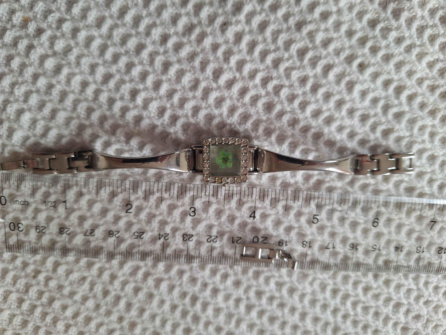 Upcycled Watch Pressed Green Flower Rhinestone Cuff Bracelet