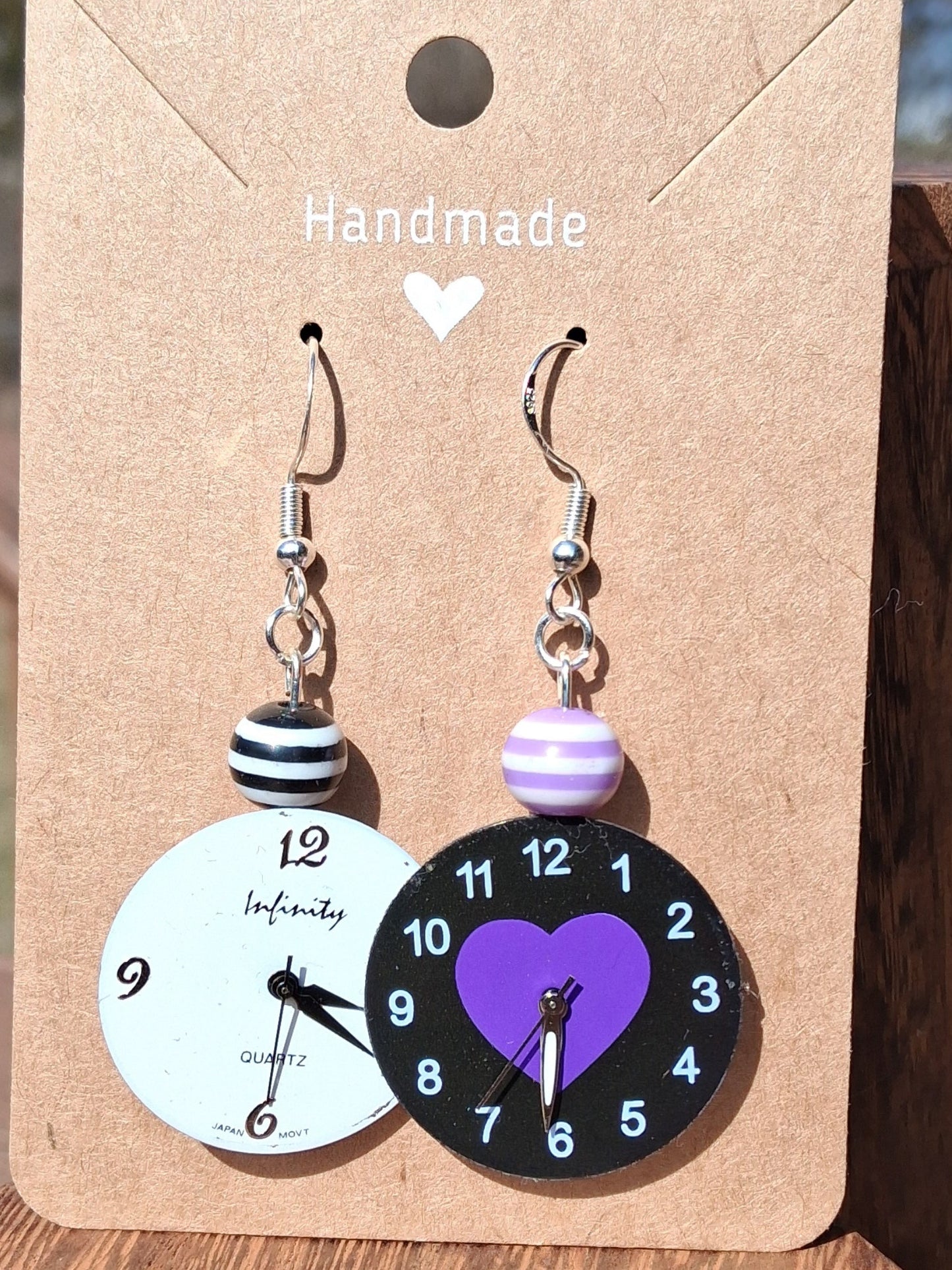Handmade Purple Heart & Striped Bead Mismatched Watch Earrings