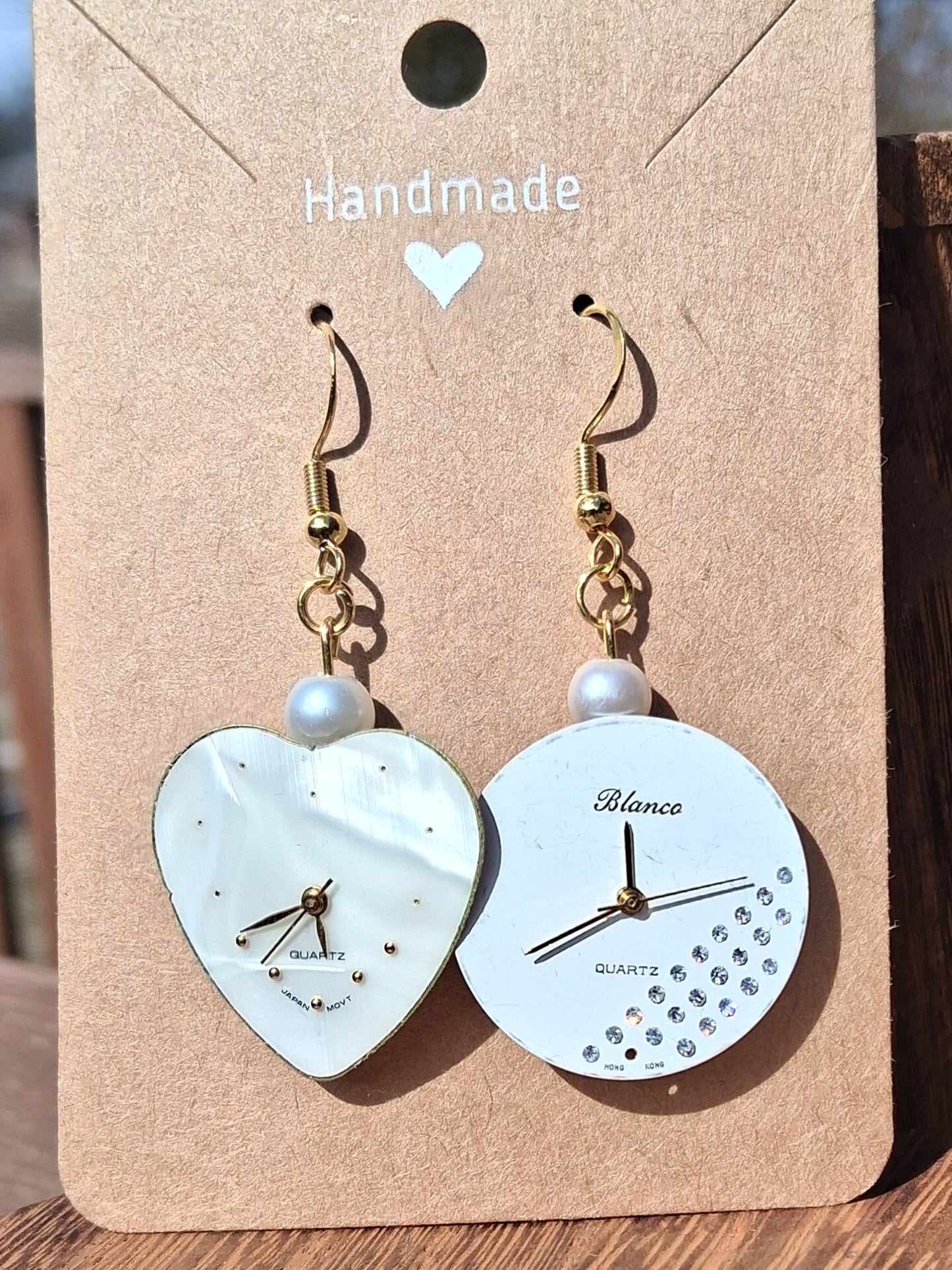 Handmade White Heart & Rhinestone Mismatched Watch Earrings