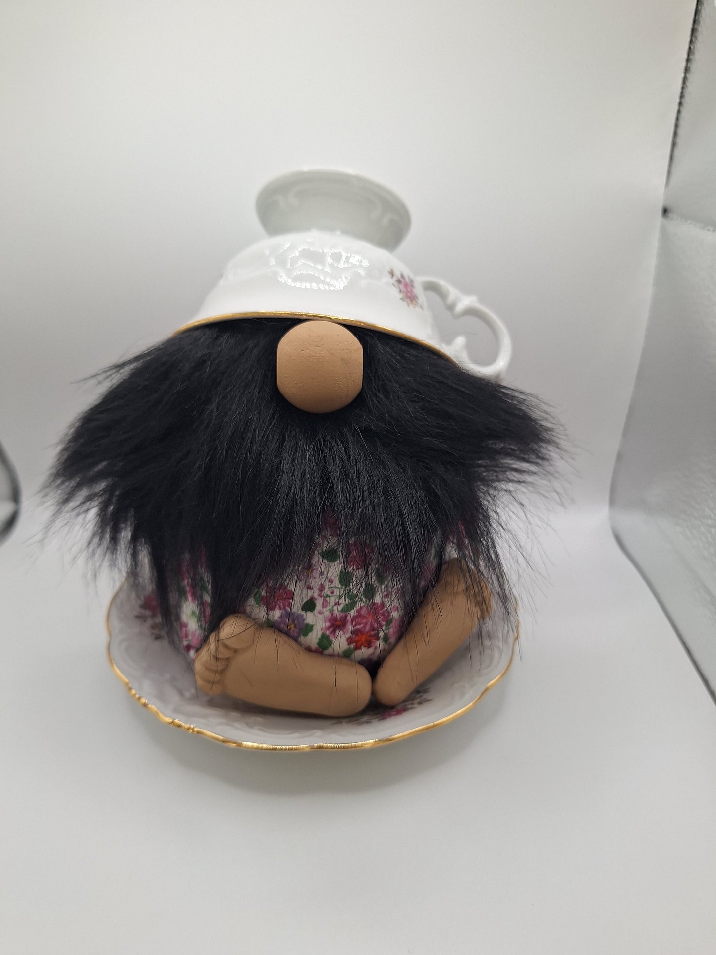 Teacup Gnome with a Black Beard and Purple Flowers