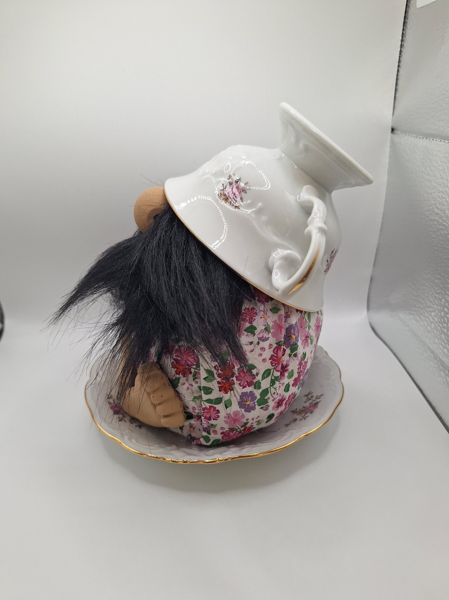 Teacup Gnome with a Black Beard and Purple Flowers