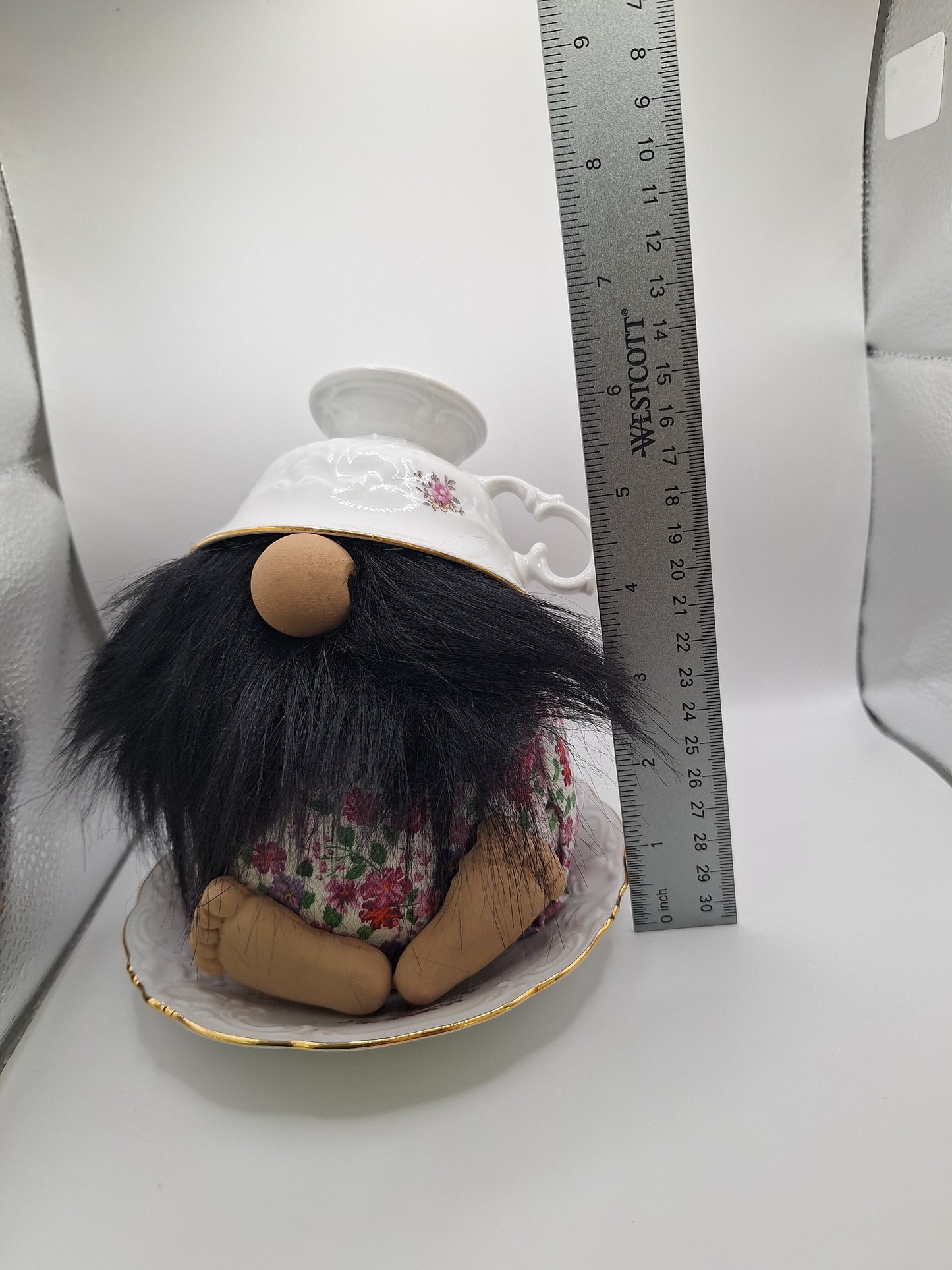 Teacup Gnome with a Black Beard and Purple Flowers