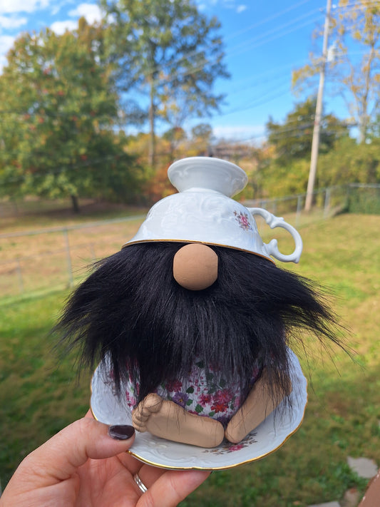 Teacup Gnome with a Black Beard and Purple Flowers