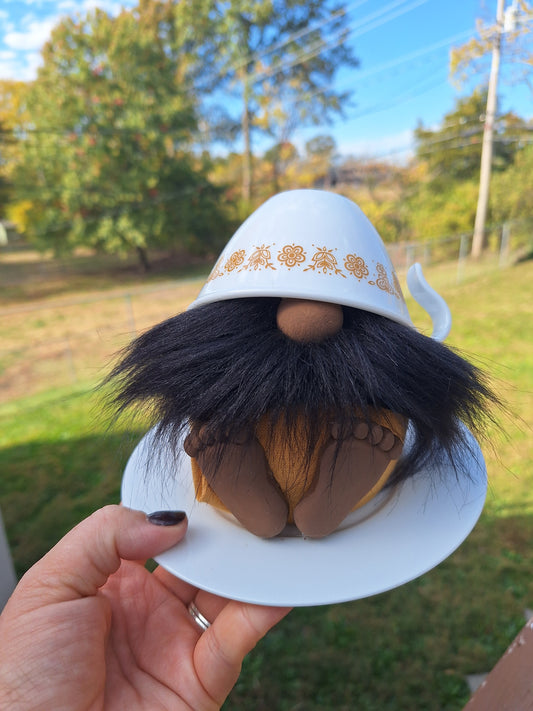 Teacup Gnome with a Black Beard and White and Yellow Cup