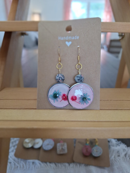 Watch Back Earrings- Pink with Blue and Red Flowers