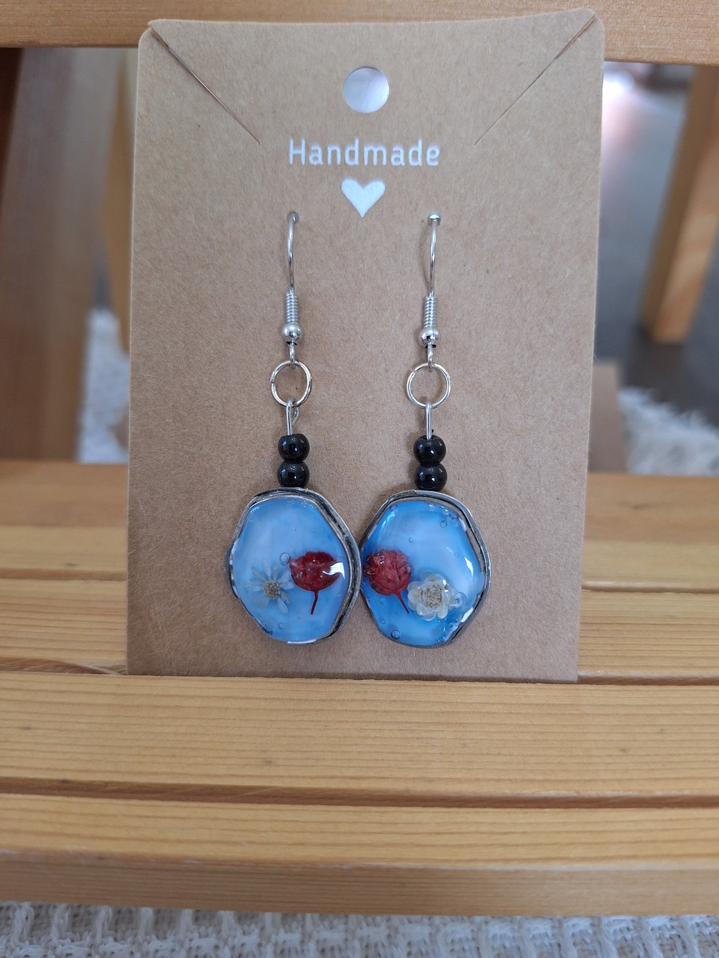 Watch Back Earrings - Blue Oval Shape with Red and White Flowers