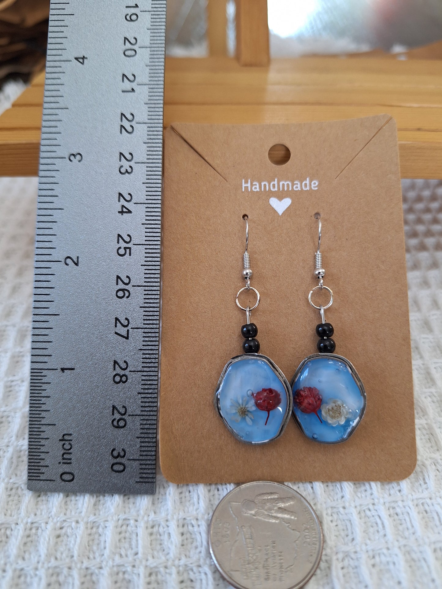 Watch Back Earrings - Blue Oval Shape with Red and White Flowers