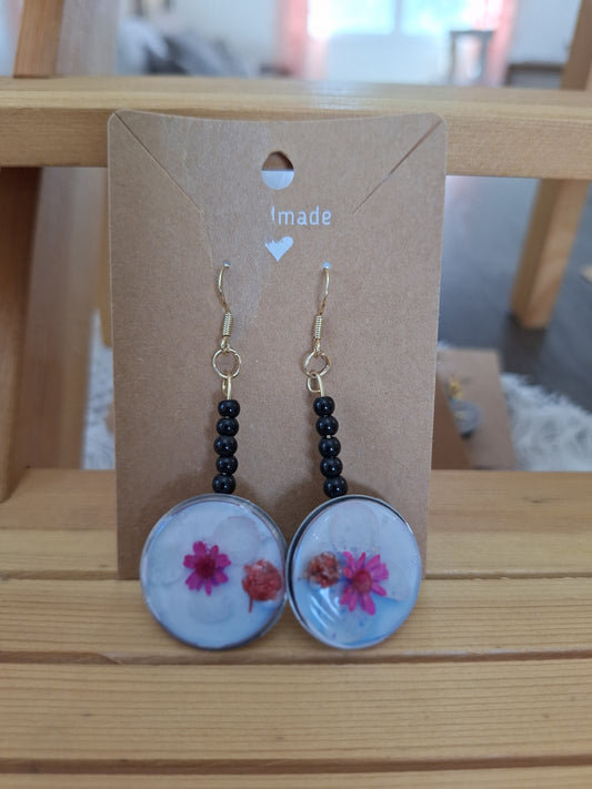 Watch Back Earrings - Blue With Magenta and White Flowers