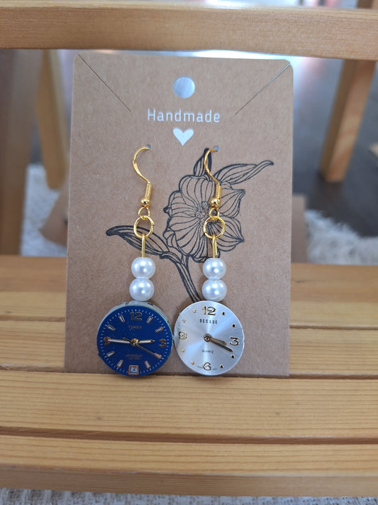 Watch Face Earrings - Blue and White Rectangle and Circle