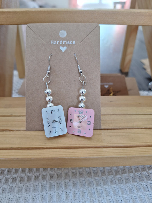 Watch Face Earrings - Pink and White, Square and Rectangle Faces