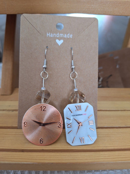 Watch Face Earrings - Copper and White, Rectangle and Circular Faces