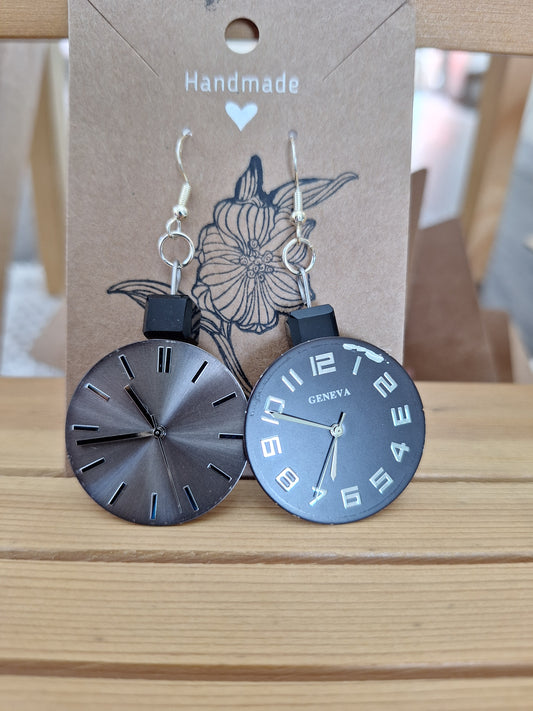 Watch Face Earrings - Gray and Dark Gray (with wear) Circular Faces