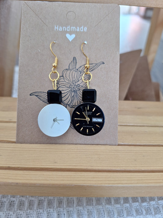 Watch Face Earrings - Silver and Black Circular Faces