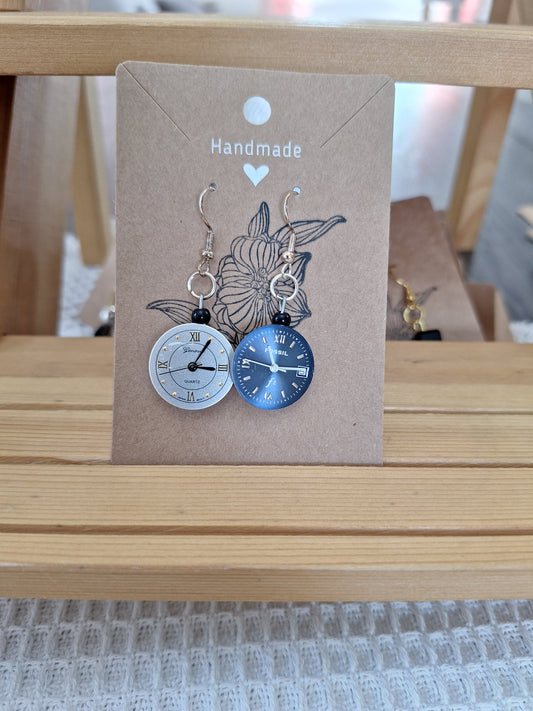 Watch Face Earrings - Silver and Blue Circular Faces