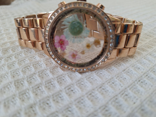 Watch Band Braclet: Gold Tone, Folding Clasp, Pink, Green and Cream Flowers