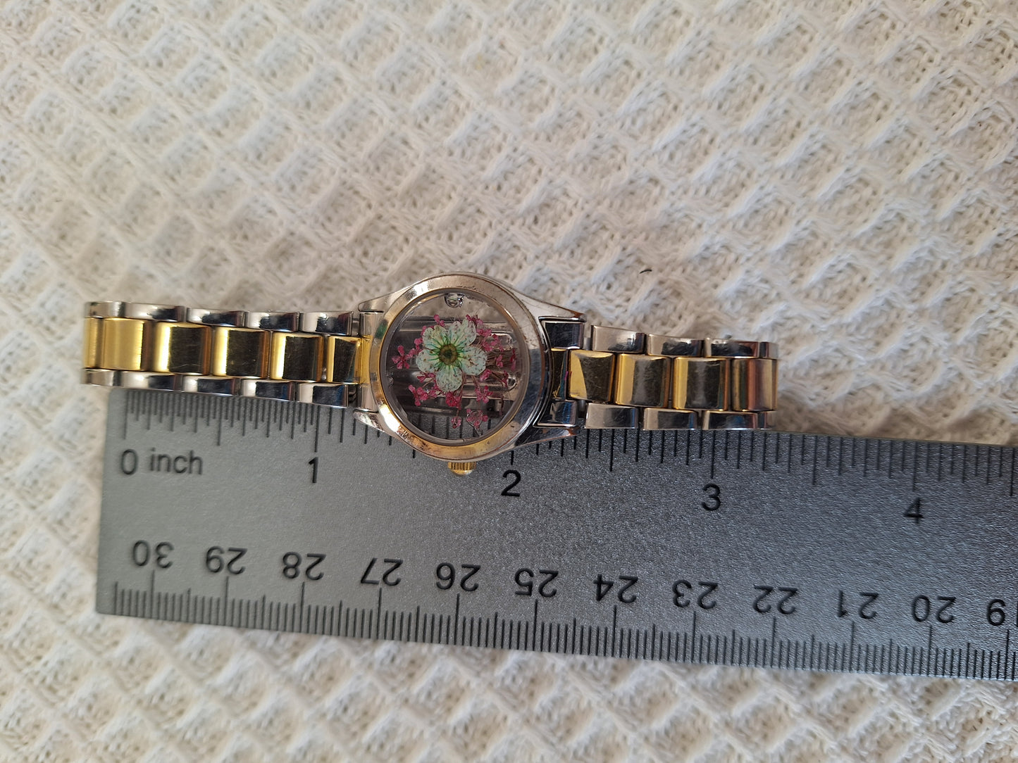 Watch Band Bracelet: Two-Tone, Folding Clasp, Green and Pink Flowers