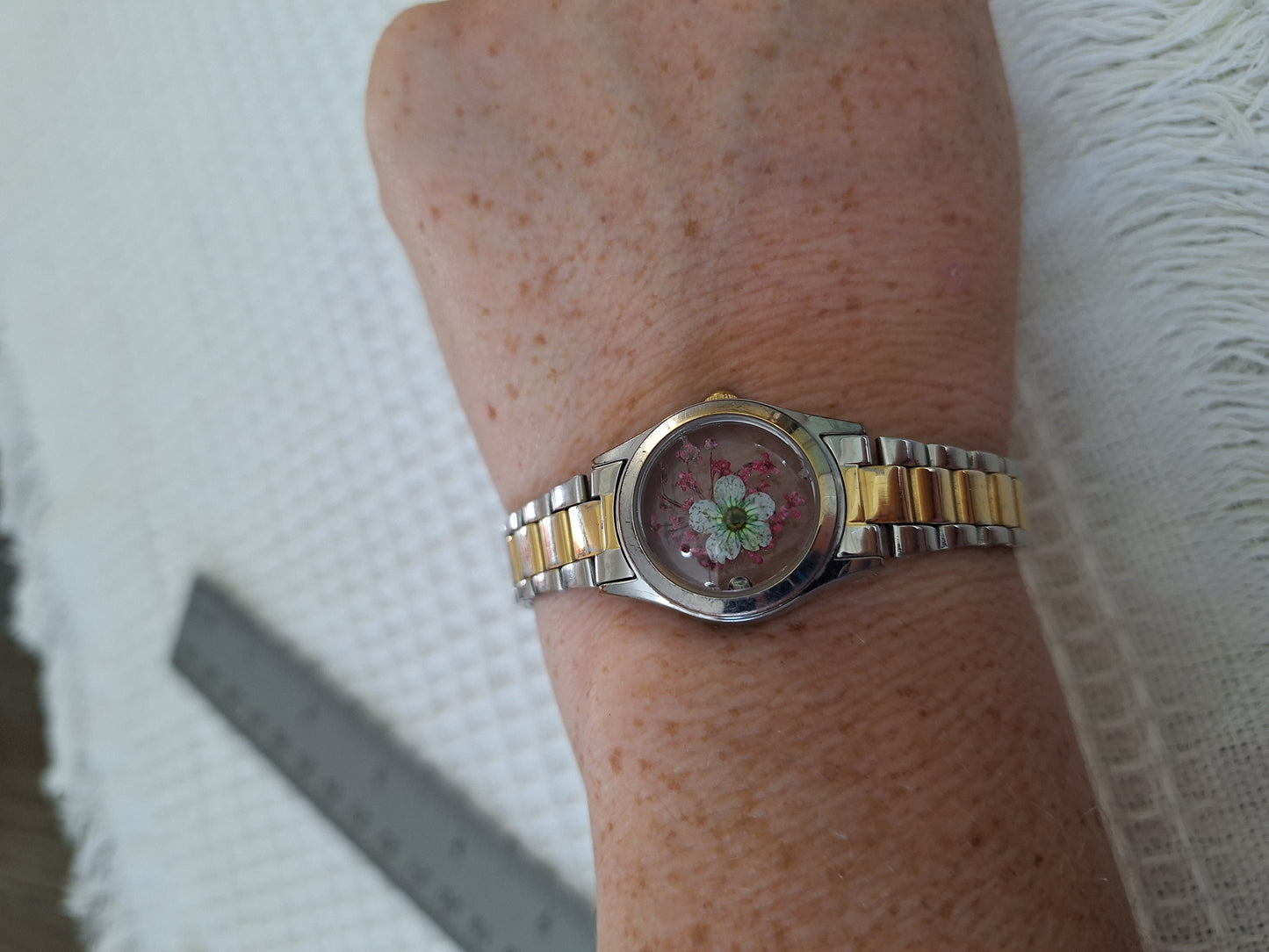 Watch Band Bracelet: Two-Tone, Folding Clasp, Green and Pink Flowers