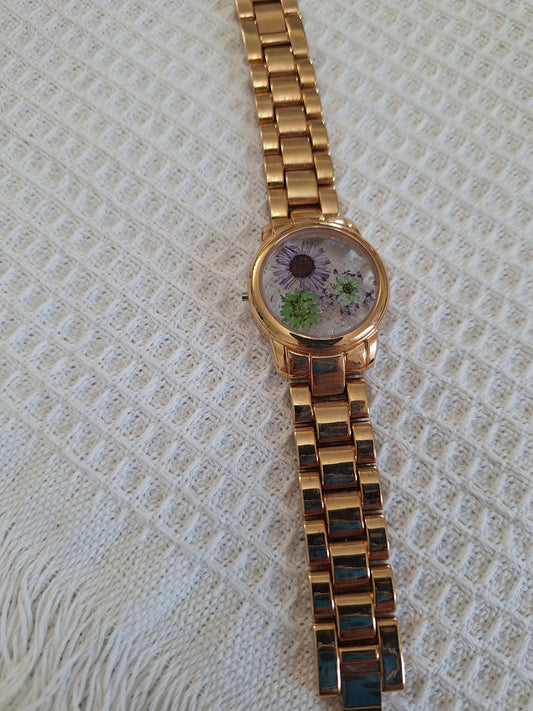 Watch Band Bracelet: Gold Tone, Green and Purple Flowers