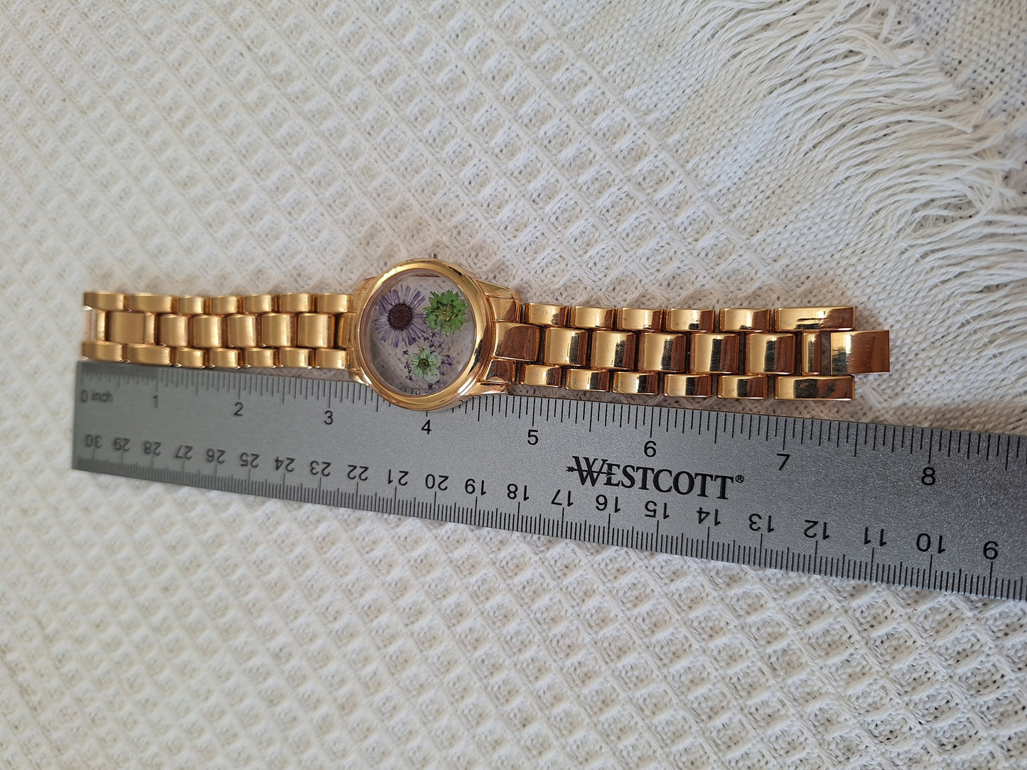 Watch Band Bracelet: Gold Tone, Green and Purple Flowers