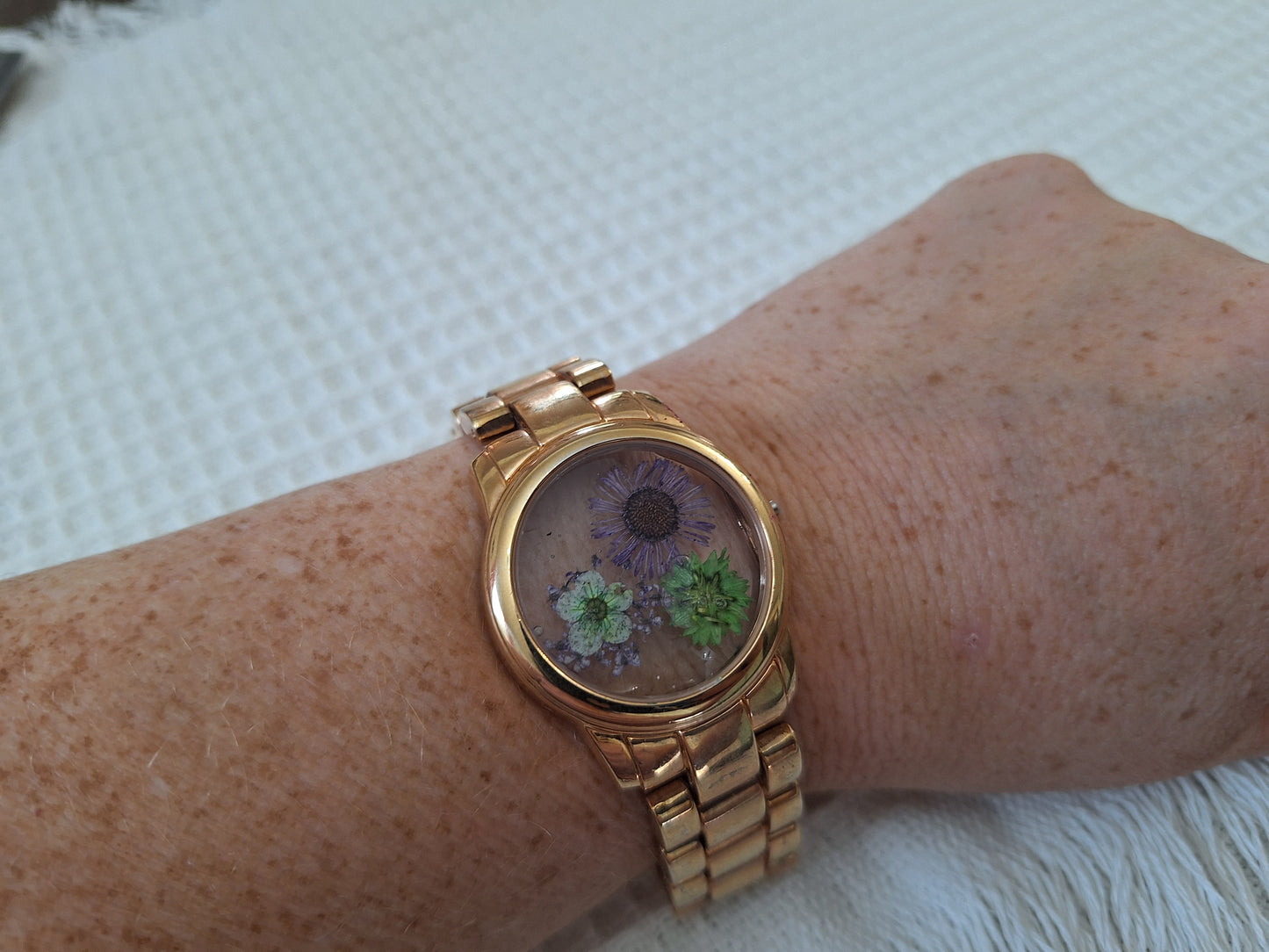 Watch Band Bracelet: Gold Tone, Green and Purple Flowers