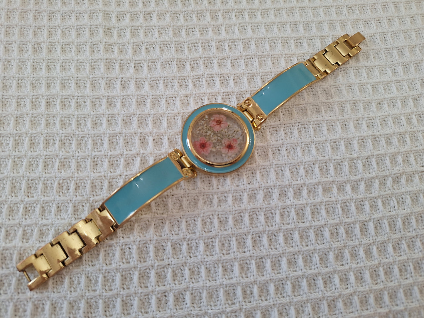 Watch Band Bracelet: Teal and Gold Tone Band with Pink Flowers