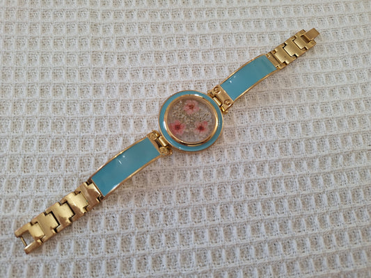 Watch Band Bracelet: Teal and Gold Tone Band with Pink Flowers