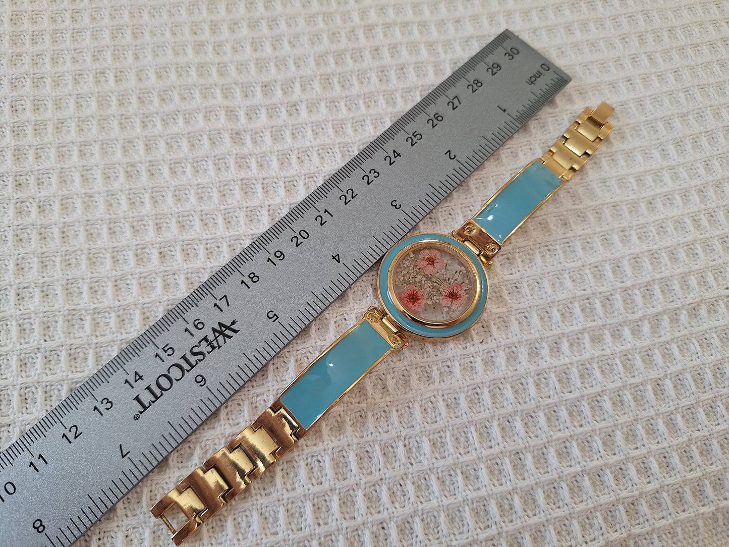 Watch Band Bracelet: Teal and Gold Tone Band with Pink Flowers