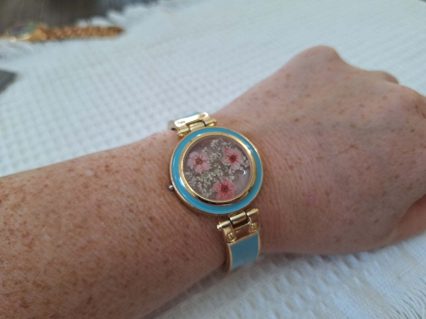 Watch Band Bracelet: Teal and Gold Tone Band with Pink Flowers