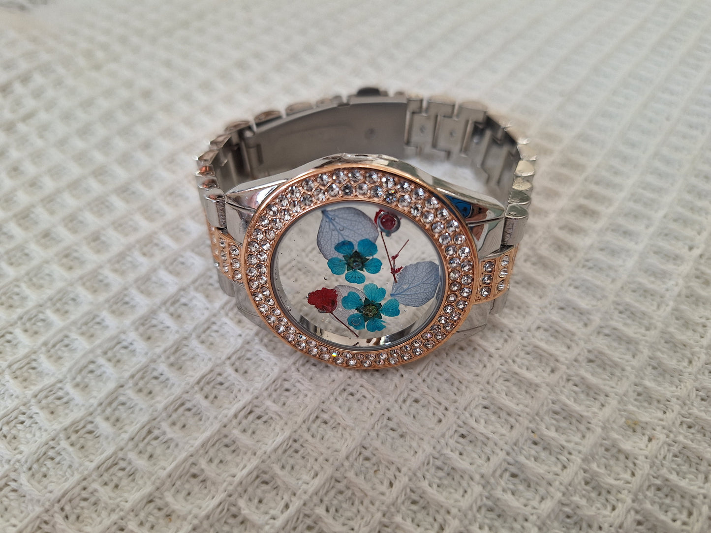 Watch Band Bracelet: Blingy Two-Tone Band with Blue and Red Flowers