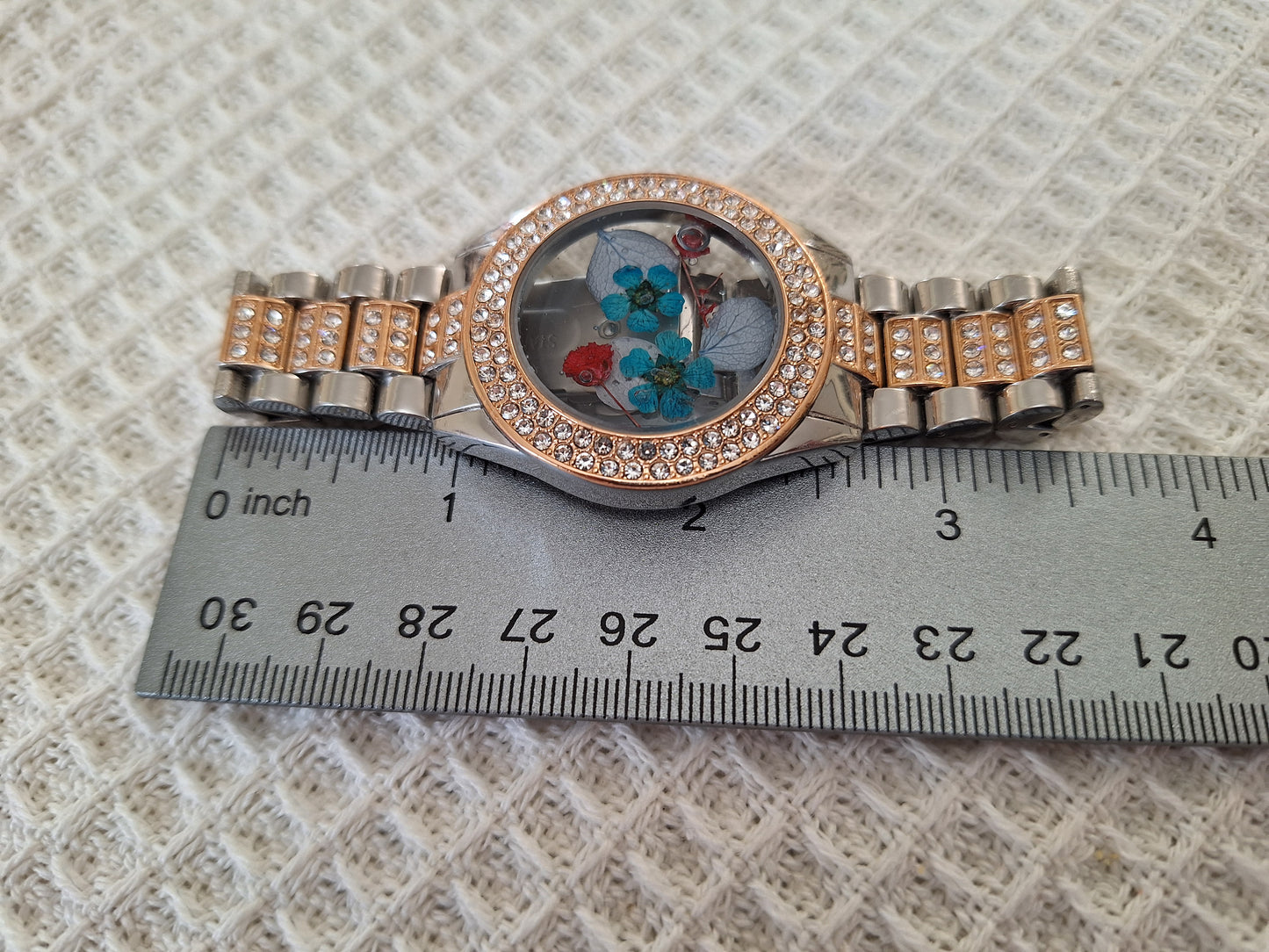 Watch Band Bracelet: Blingy Two-Tone Band with Blue and Red Flowers