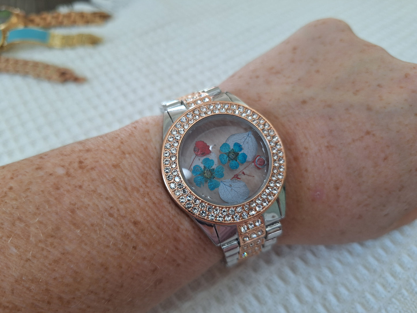 Watch Band Bracelet: Blingy Two-Tone Band with Blue and Red Flowers