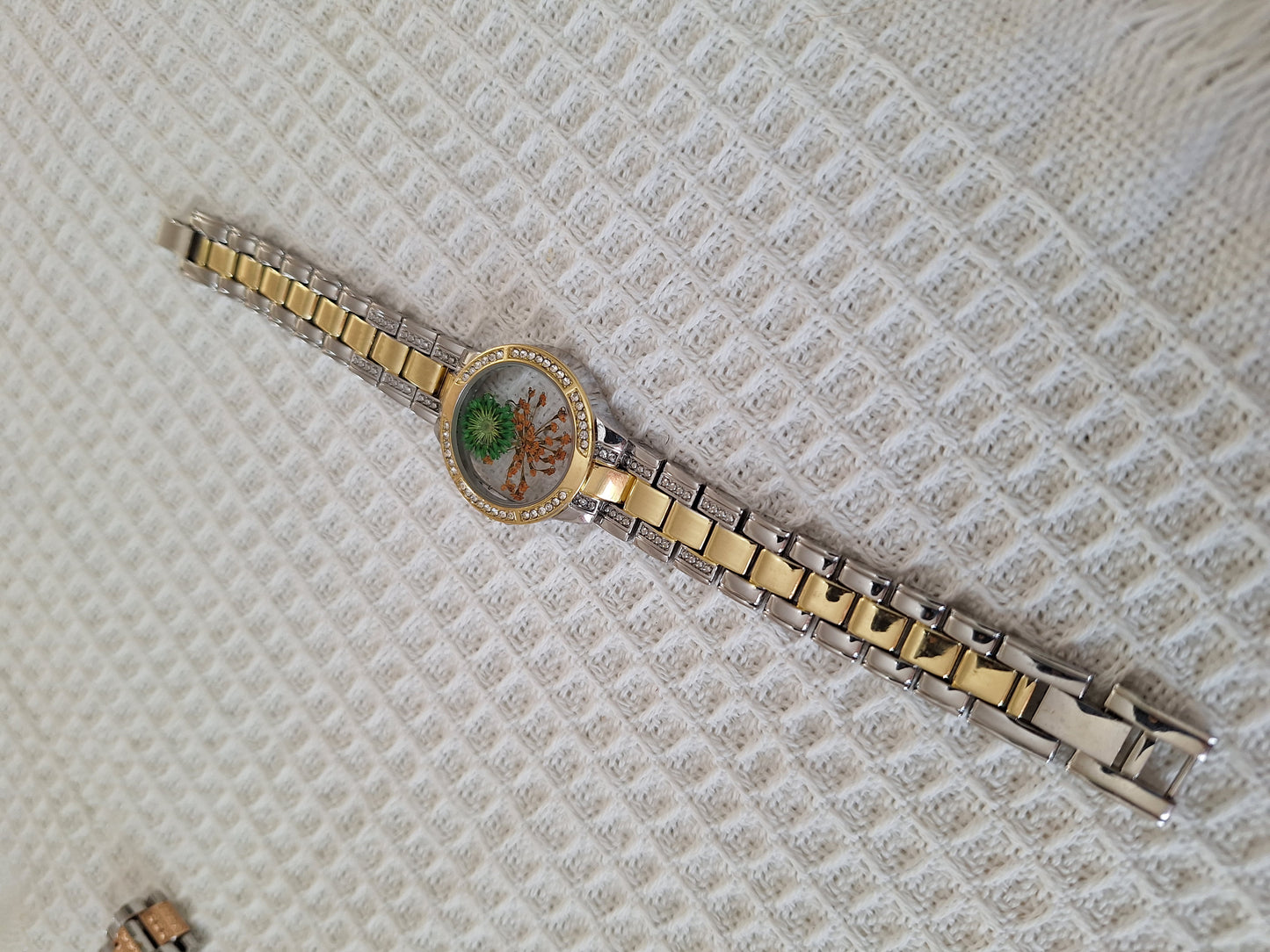 Watch Band Bracelet: Blingy Two-Tone Band with Orange and Green Flowers