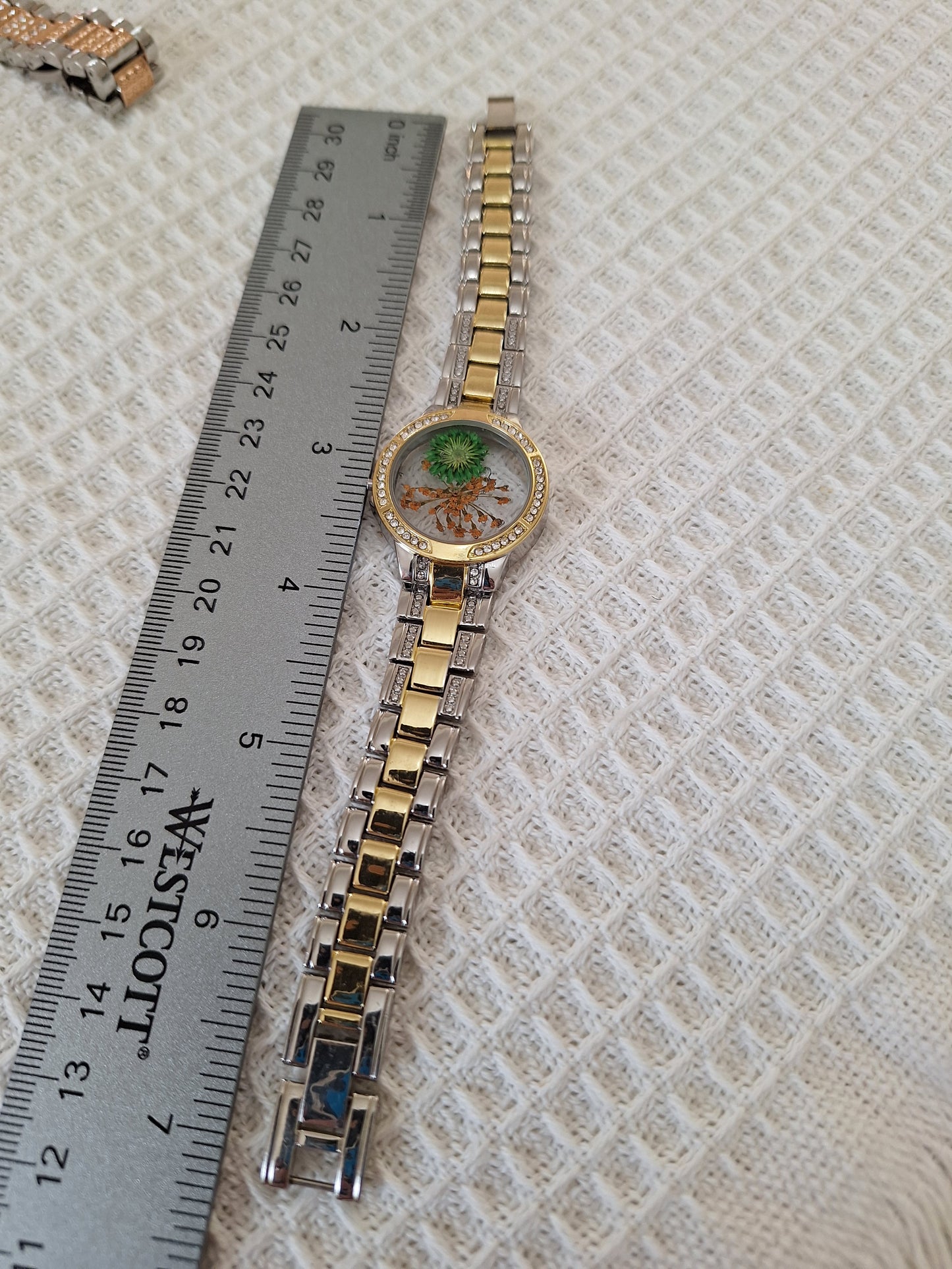 Watch Band Bracelet: Blingy Two-Tone Band with Orange and Green Flowers