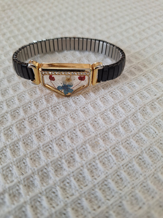 Watch Band Bracelet: Black Stretch Band with Blue and Red Flowers