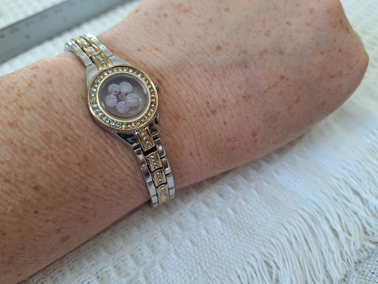 Watch Band Bracelet: Two-Tone Band with a Lavender Flower