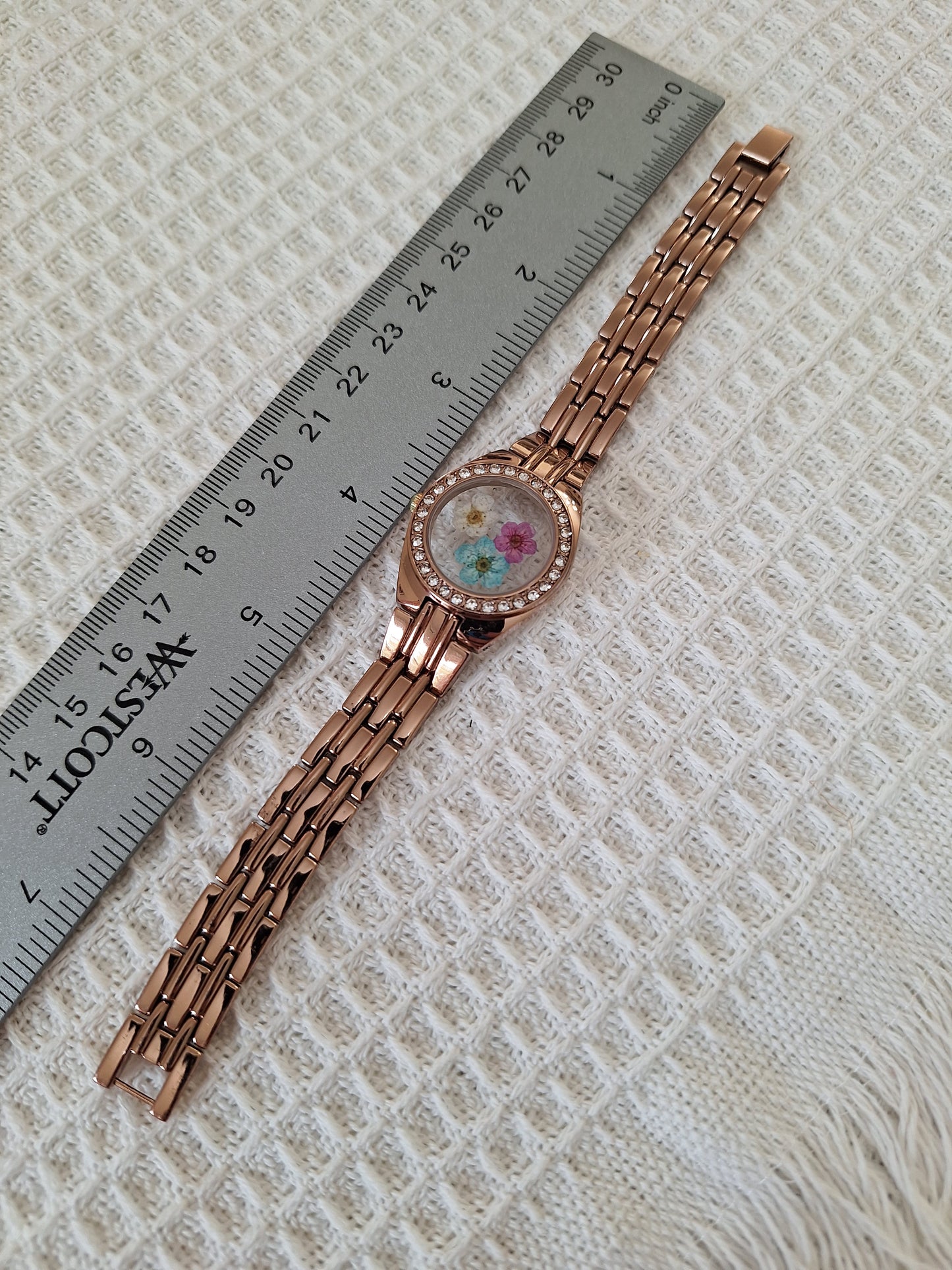 Watch Band Bracelet: Gold Tone with Cream and Light Blue Flowers