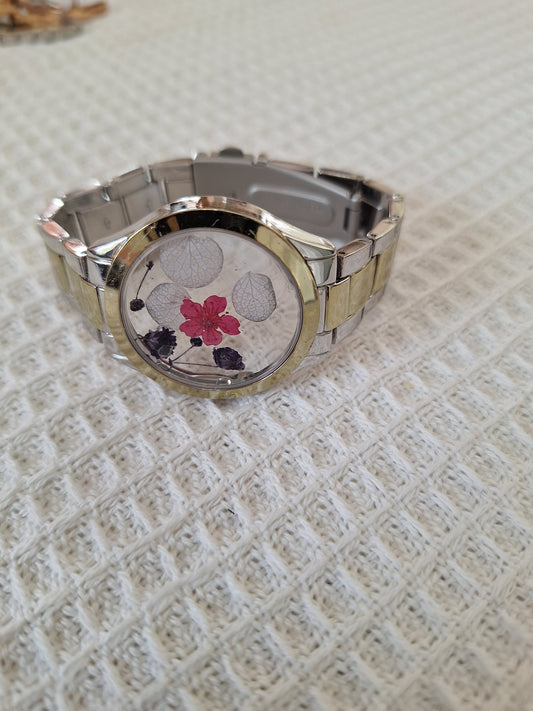 Watch Band Bracelet: Folding Clasp Two-Tone Band with Pink and Purple Flowers