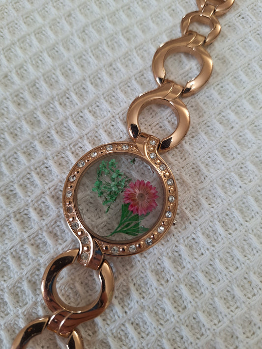 Watch Band Bracelet: Gold Tone with Green and Pink Flowers