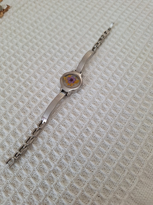 Watch Band Bracelet: Silver Tone with Purple and Orange Flowers