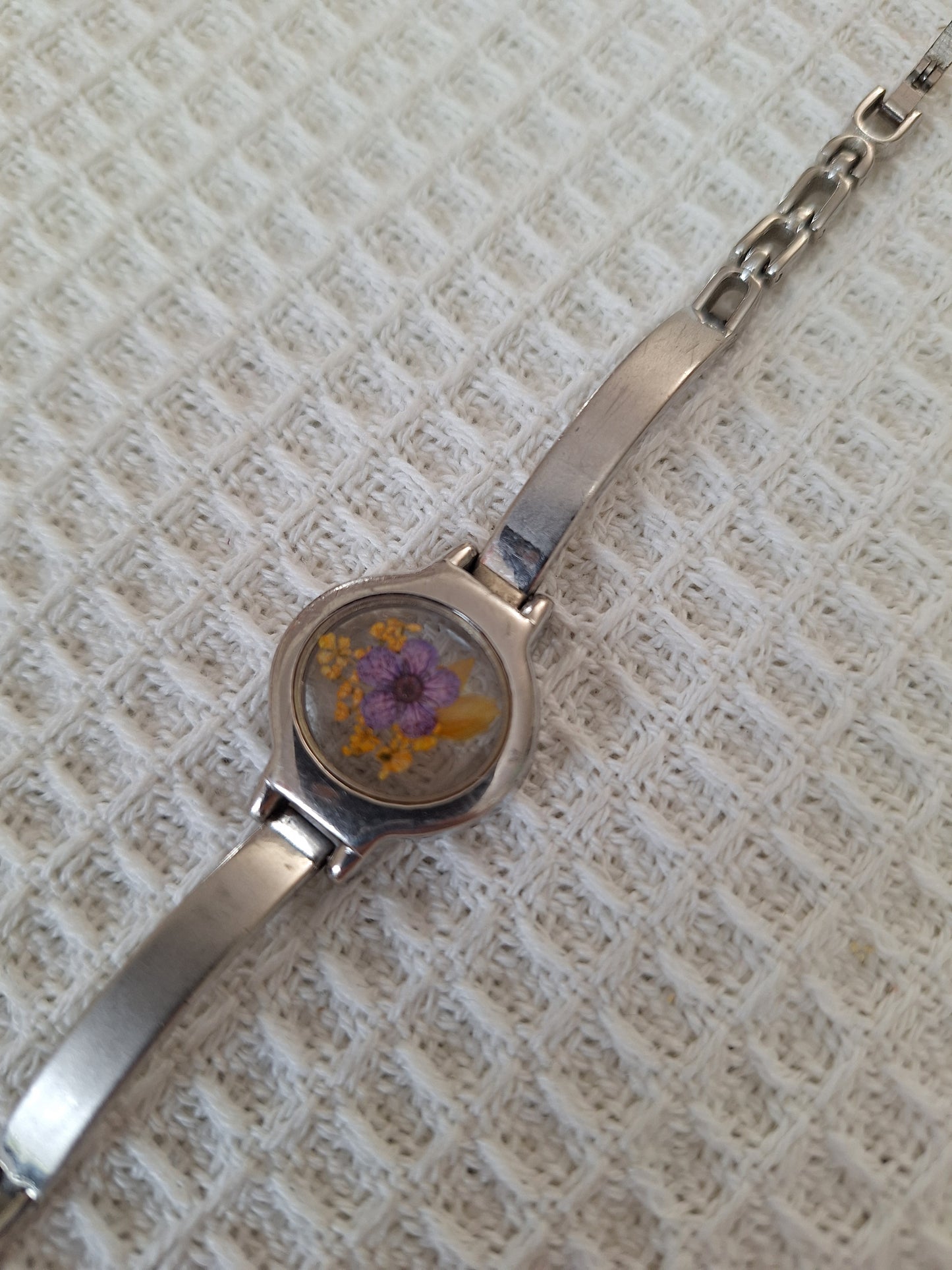 Watch Band Bracelet: Silver Tone with Purple and Orange Flowers