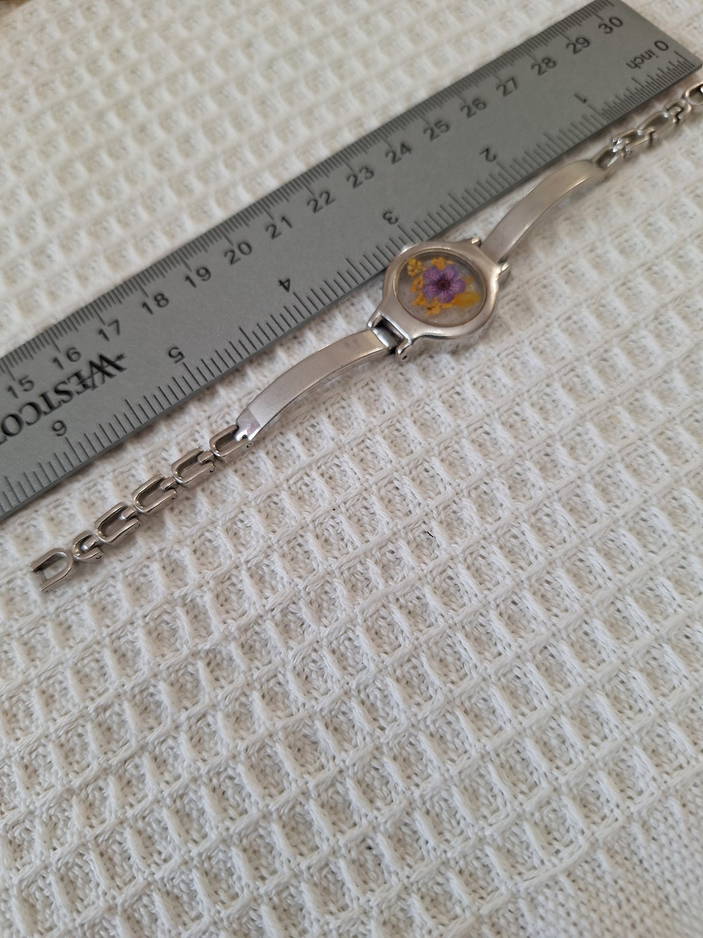 Watch Band Bracelet: Silver Tone with Purple and Orange Flowers