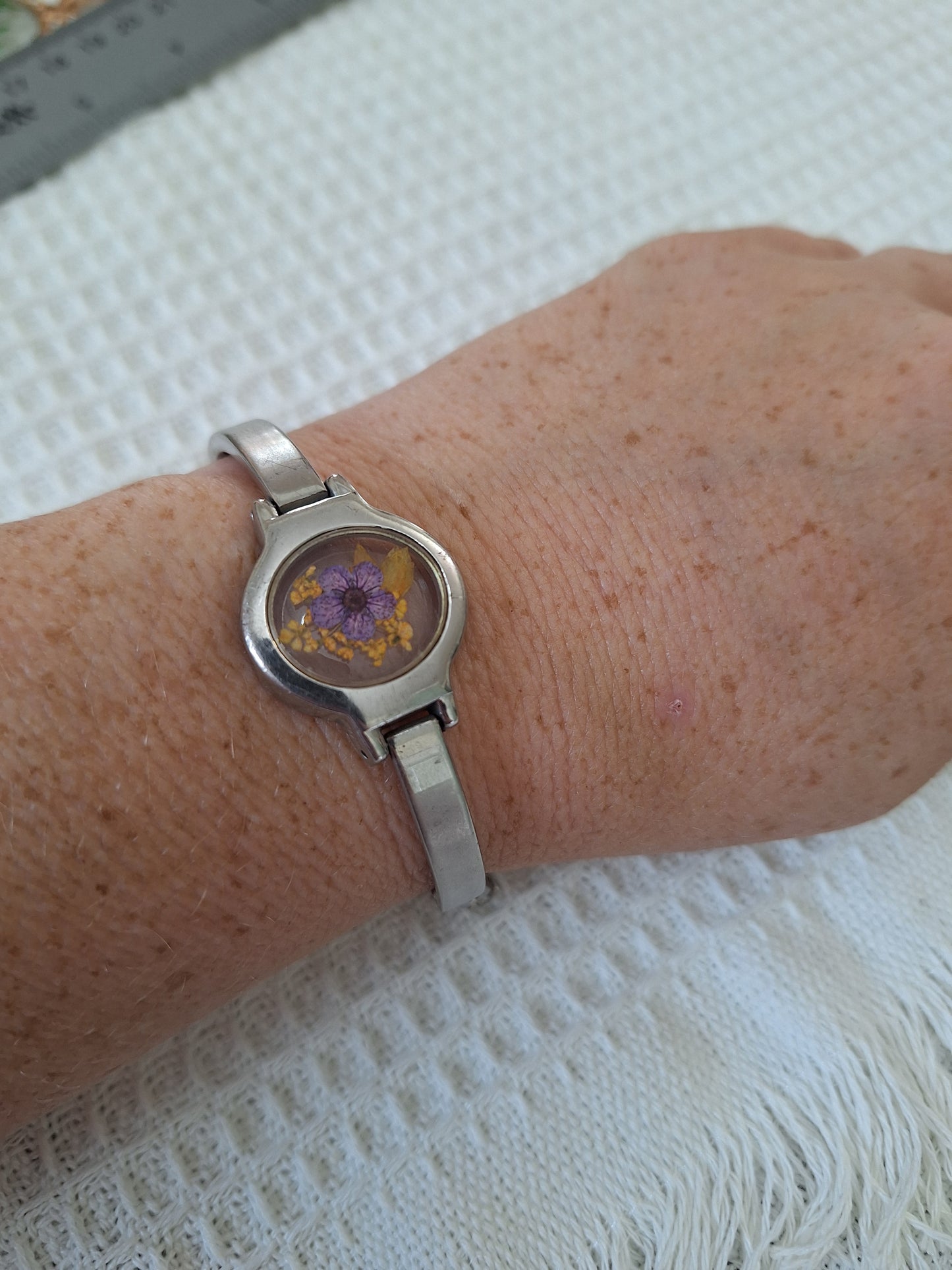 Watch Band Bracelet: Silver Tone with Purple and Orange Flowers