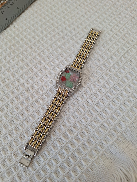 Watch Band Bracelet: Two Tone with Pink, Red and Green Flowers