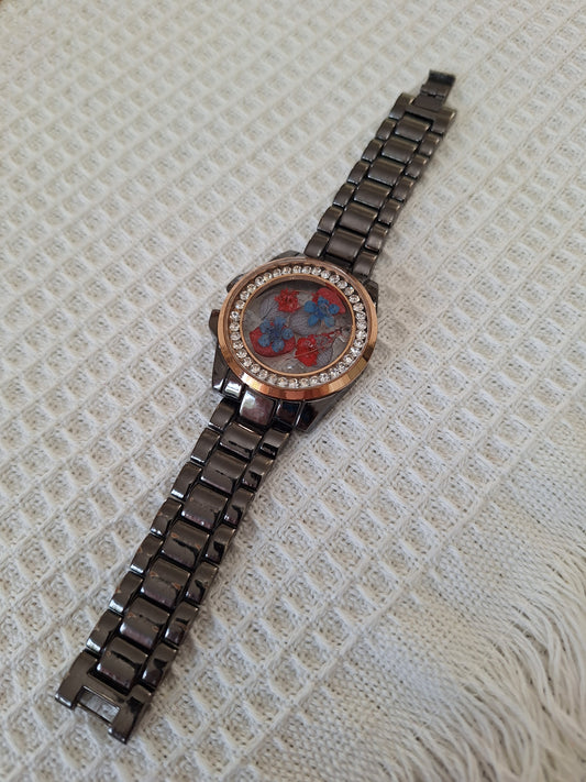 Watch Band Bracelet: Dark Gray Band with Red and Blue Flowers