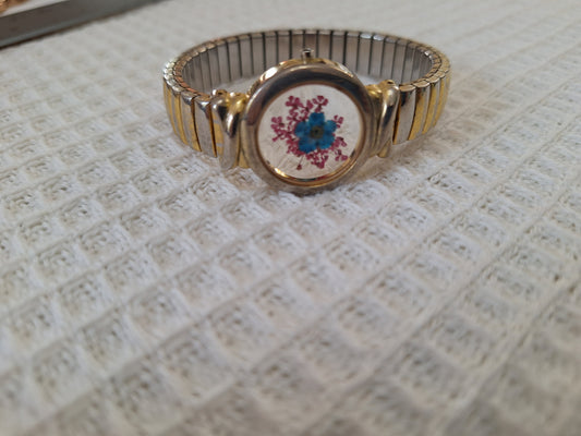 Watch Band Bracelet: Vintage Stretch Band, Gold Tone with Wear, Blue and Pink Flowers