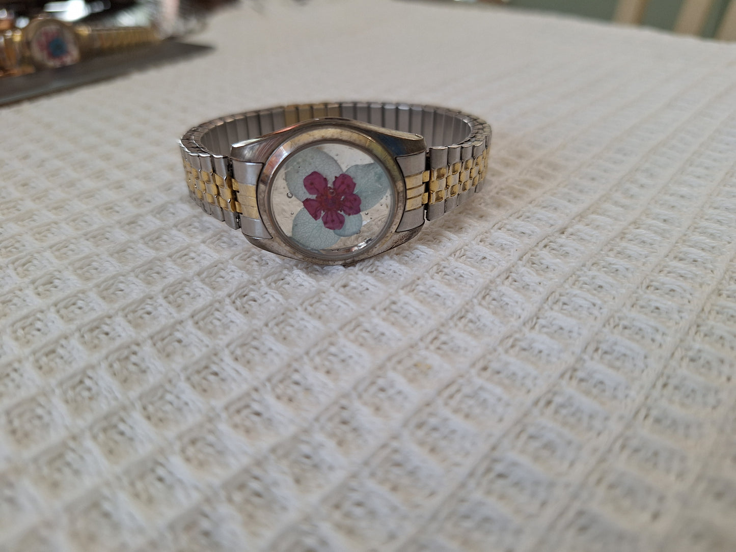 Vintage Watch Band Bracelet: Two-Tone with a Dark Pink Flower