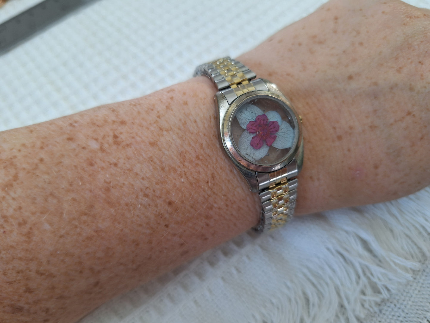 Vintage Watch Band Bracelet: Two-Tone with a Dark Pink Flower