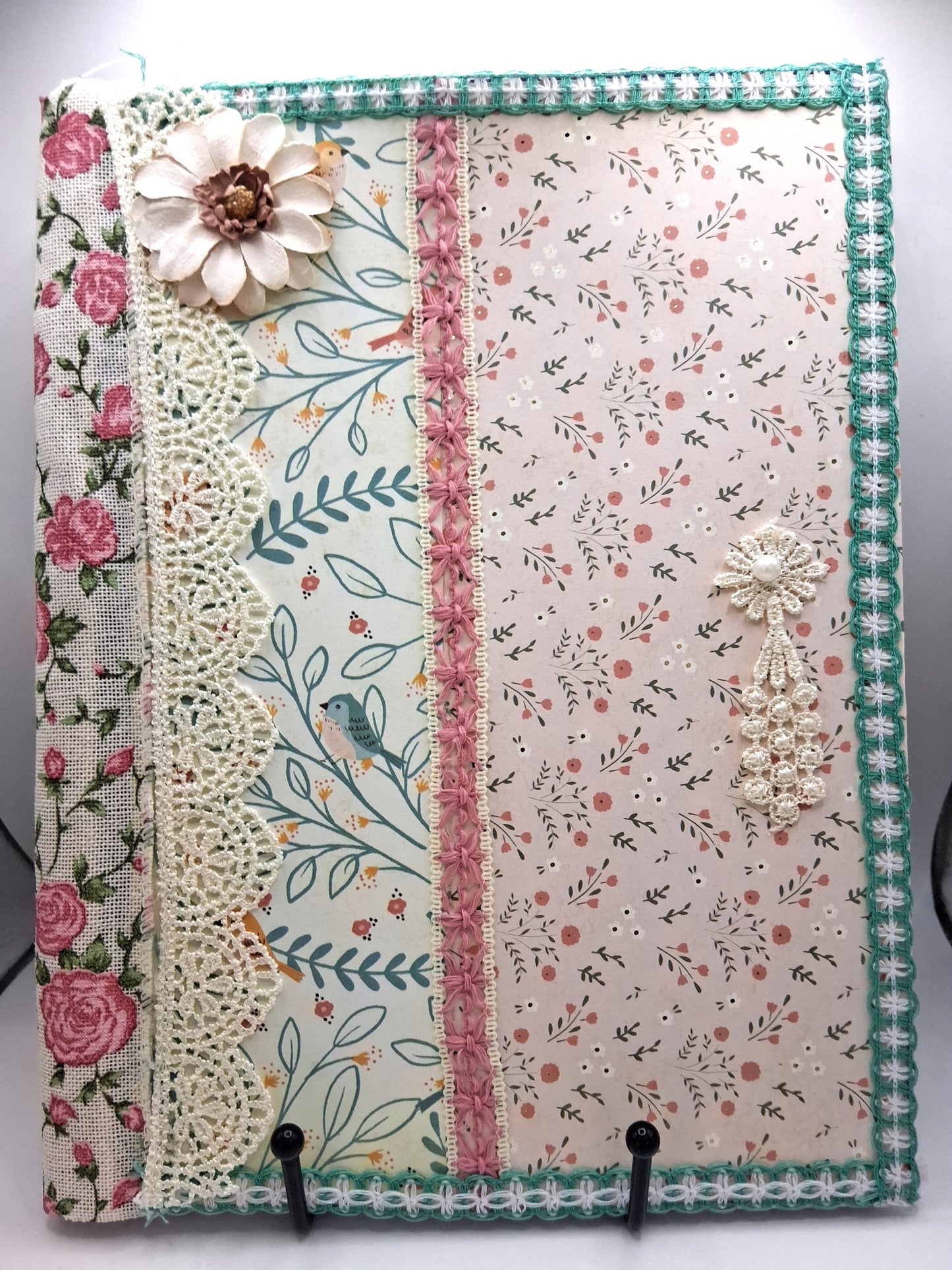 Spring Botanical Journal - Handcrafted Teal & Pink Notebook