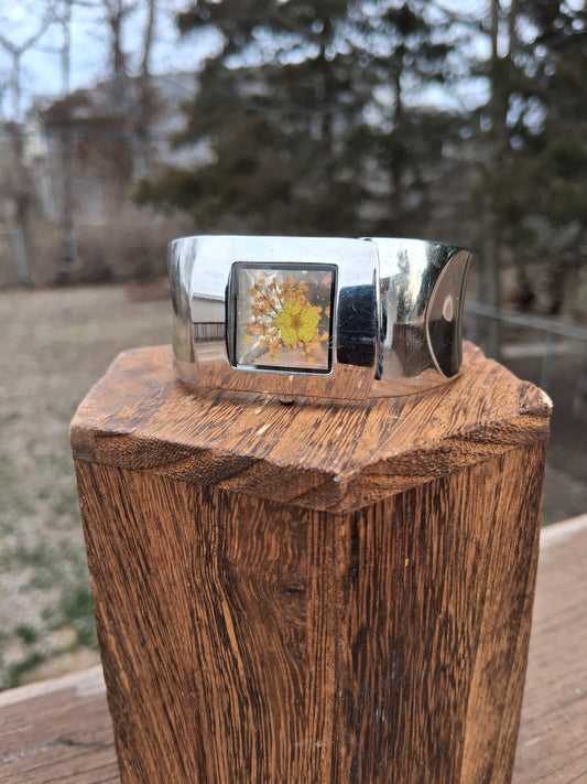 Upcycled Watch Band Pressed Flower Cuff Bracelet
